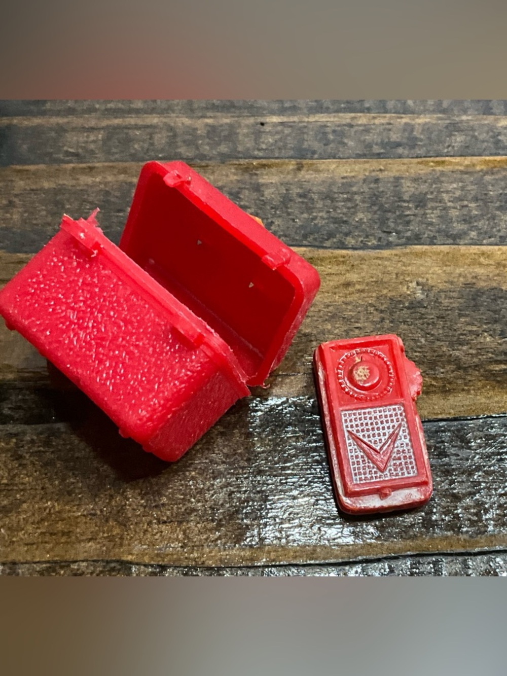 Vintage Lot of 2 Red Plastic Miniature Doll Accessories Travel Case Radio 1960s